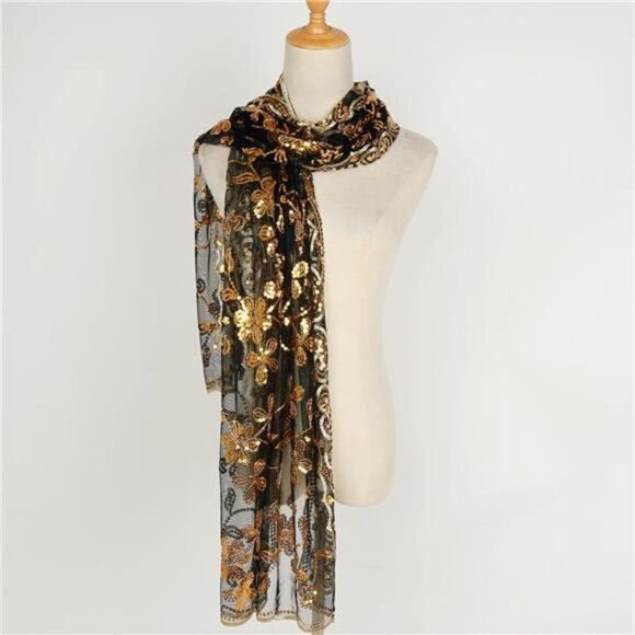 Glittering Scarf Mesh Sequin for Wedding Black Gold - Picture 3 of 7